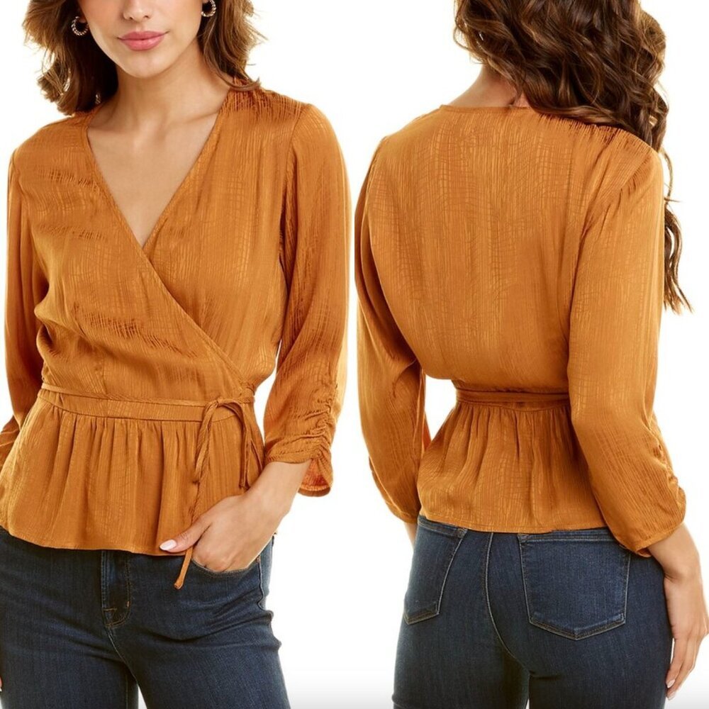 Linden Street Studio Copper Warm Tan Stripe Wrap Long Sleeve V-neck Blouse Top